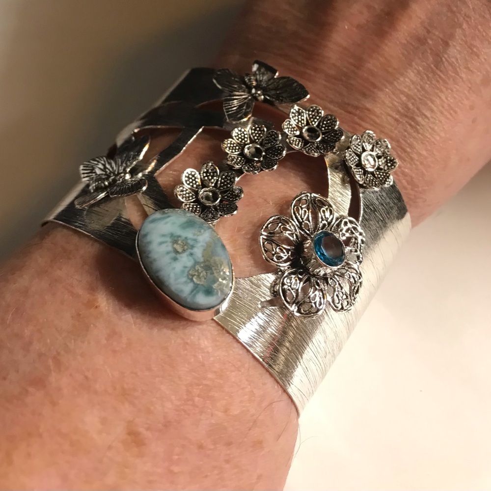 Larimar Blue Topaz Stamped 925 Sterling Silver Cuff Bracelet
